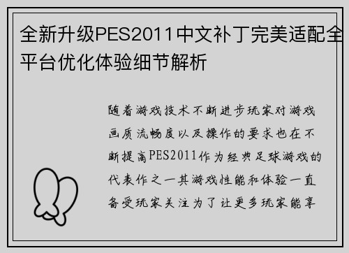 全新升级PES2011中文补丁完美适配全平台优化体验细节解析